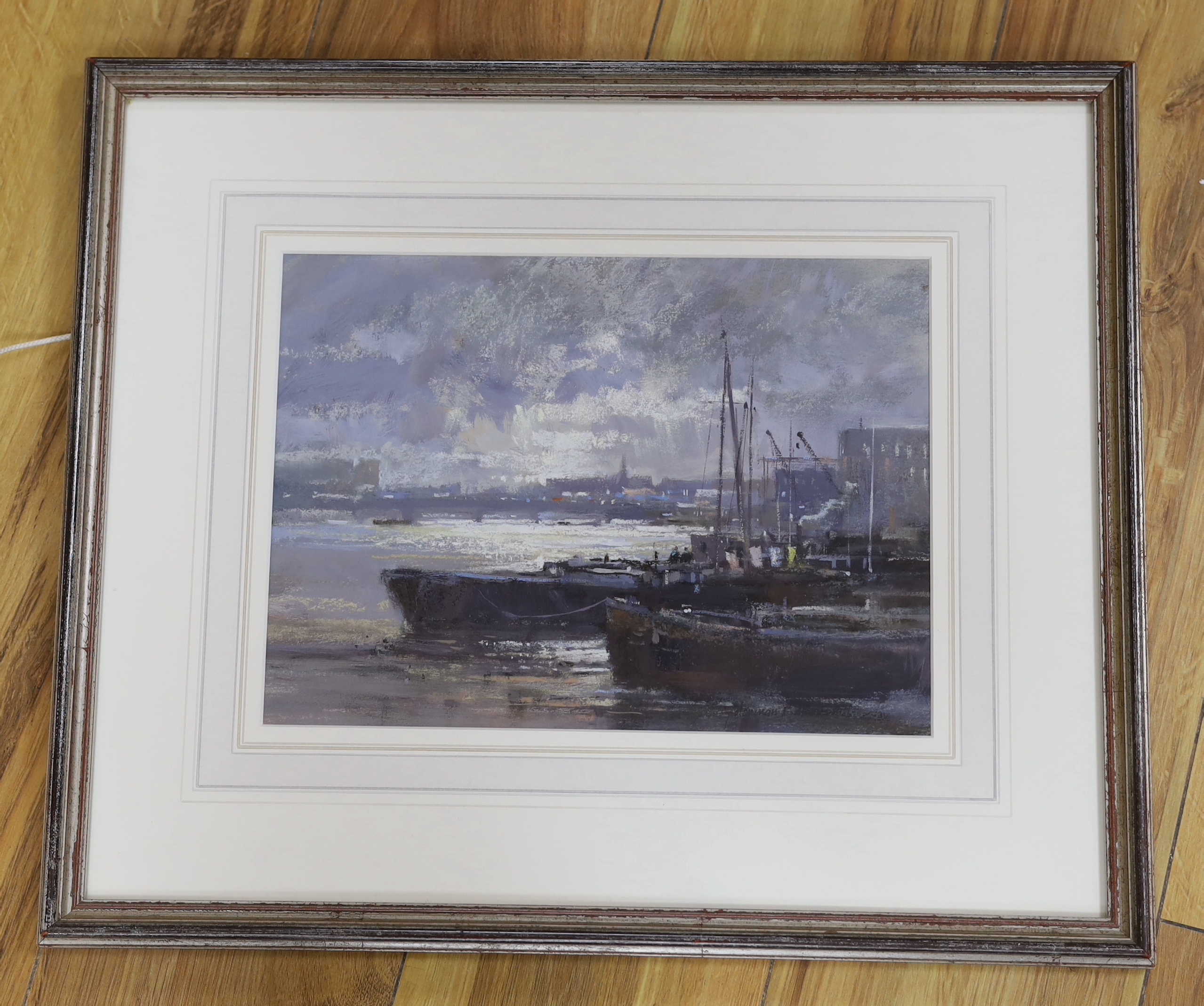 Norman Battershill (b.1922) heightened pastel and mixed media, 'The Thames, Chelsea', signed, 30 x 22cm